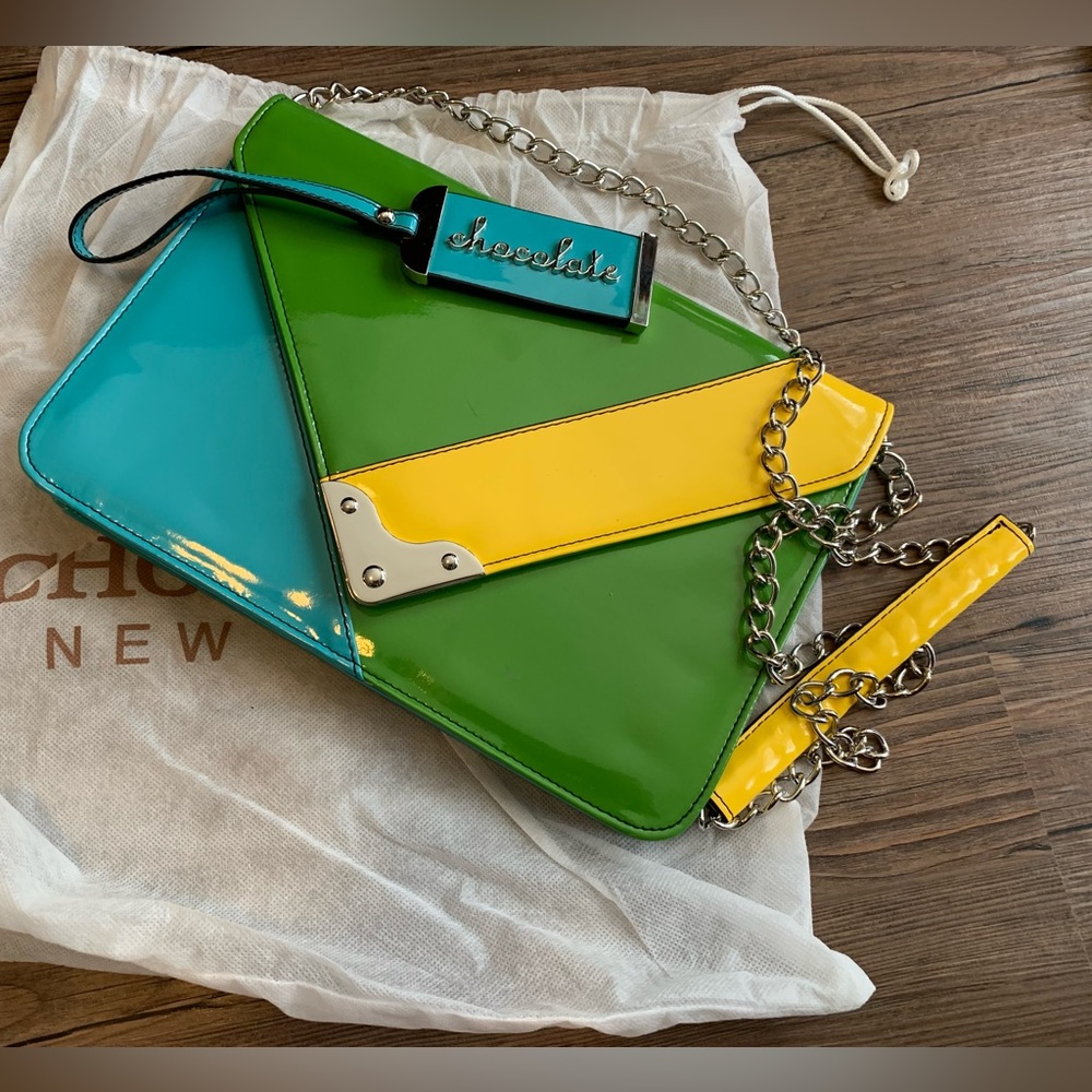 Chocolate New York clutch handbag.